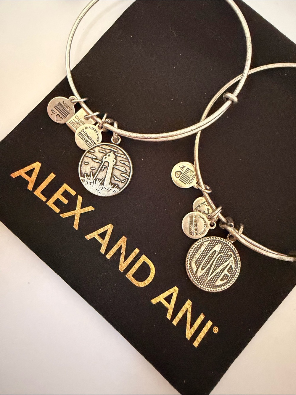 Alex and Ani Silver Stackable Charm Bangle Bracelet - Lighthouse & Love Charms